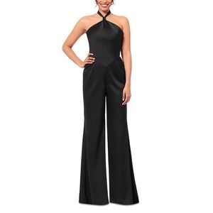 AQUA Black Satin Halter Wide Leg Jumpsuit Exclusive A26681 Womens Size 12